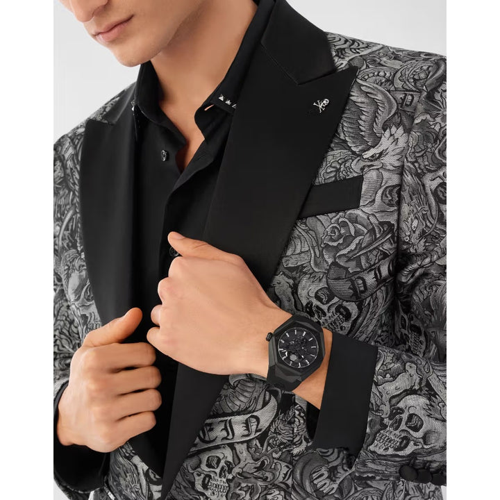 Philipp Plein The Skull Spikes Men 45mm Quartz Black Hexagon Dial Black Silicone Strap Watch PWPWA0324