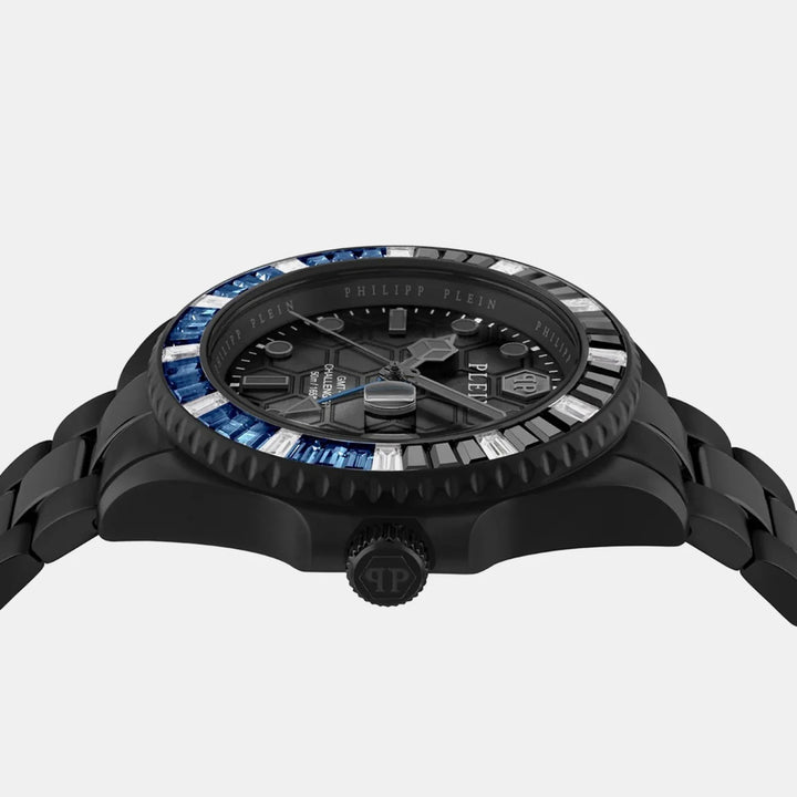 Philipp Plein GMT-I Challenger Baguettes Men 44mm Quartz GMT Black Dial Black Stainless Steel Strap Watch PWPZA0324