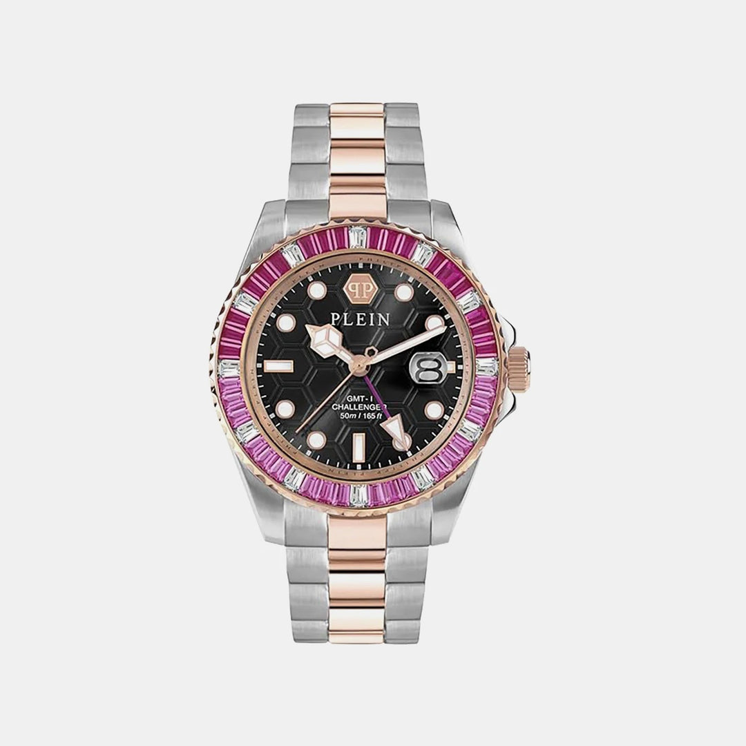 Philipp Plein GMT-I Challenger Baguettes Men 44mm Quartz GMT Black Dial Silver Stainless Steel Strap Watch PWPZA0424