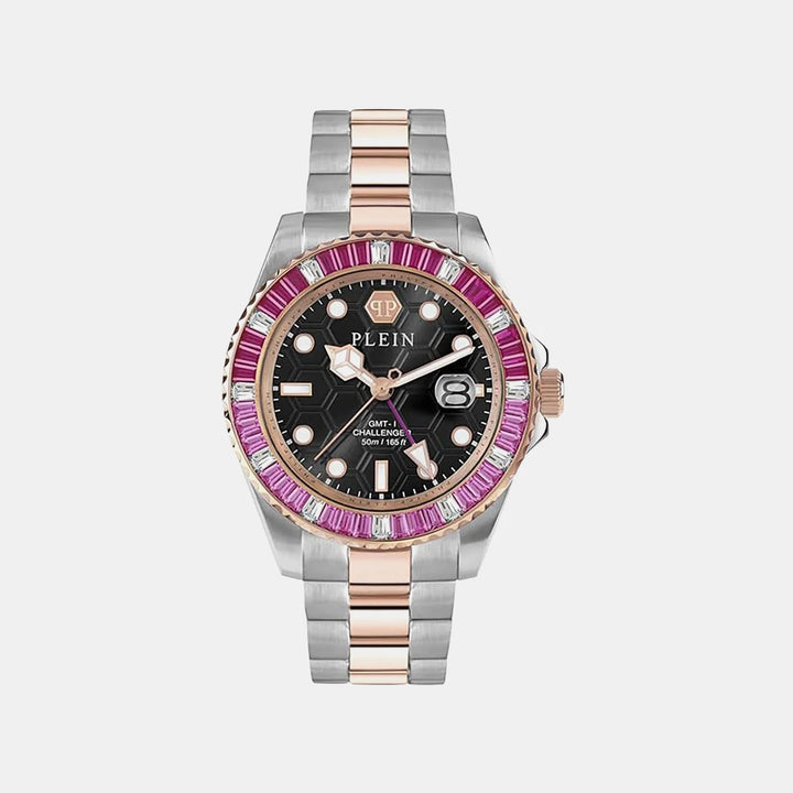 Philipp Plein GMT-I Challenger Baguettes Men 44mm Quartz GMT Black Dial Silver Stainless Steel Strap Watch PWPZA0424