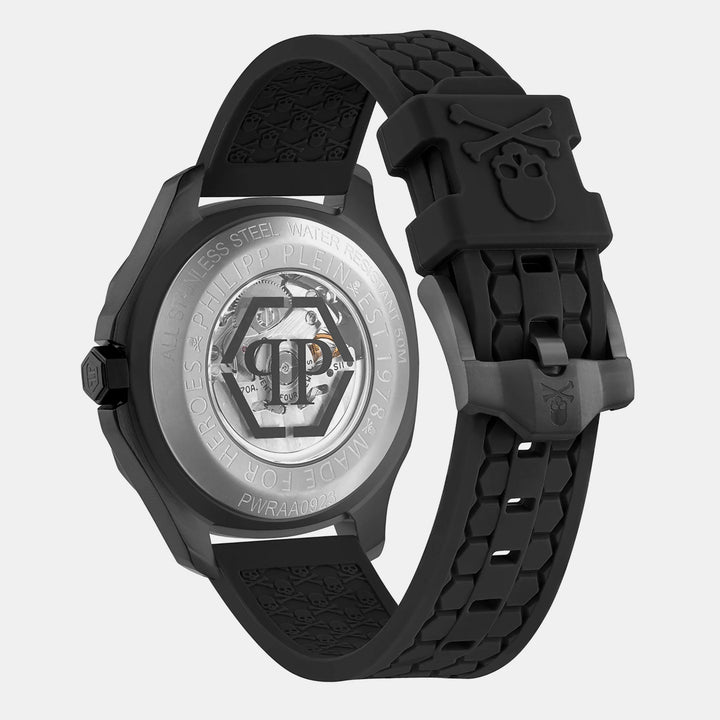 Philipp Plein Skeleton Spectre Men 42mm Automatic Black Dial Black Silicone Strap Watch PWRAA0923