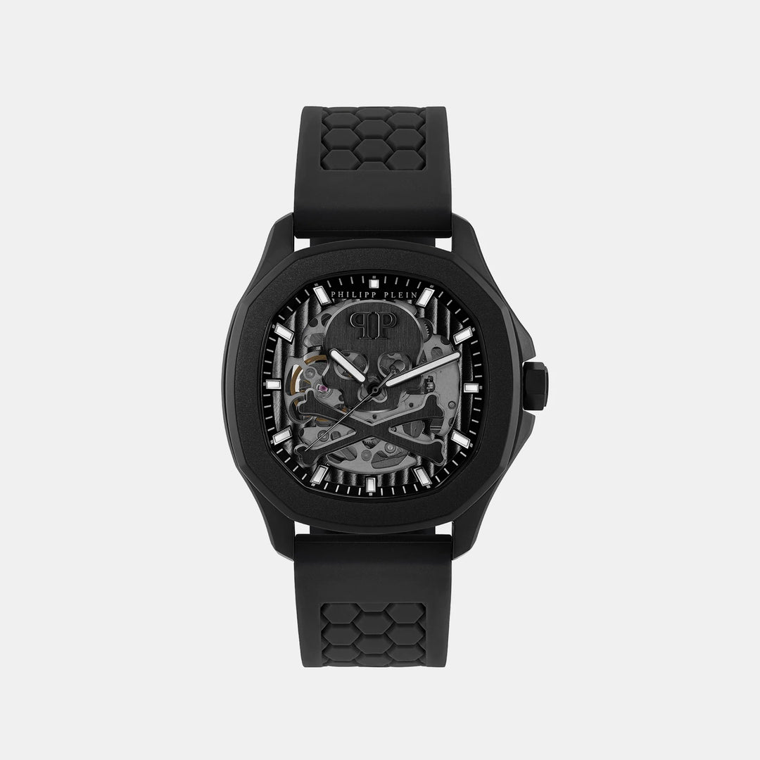 Philipp Plein Skeleton Spectre Men 42mm Automatic Black Dial Black Silicone Strap Watch PWRAA0923
