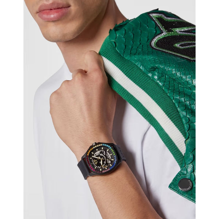 Philipp Plein Skeleton Spectre Men 42mm Automatic Black Dial Black Silicone Strap Watch PWRAA1023