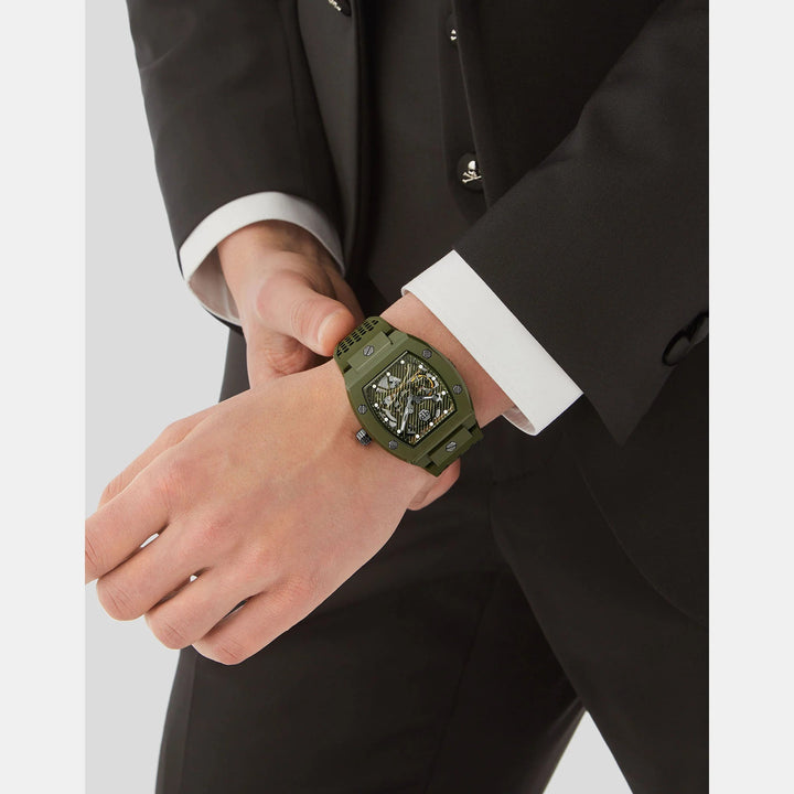 Philipp Plein The $keleton Ecoceramic Men 44mm Automatic Military Green Dial Green Silicone Strap Watch PWVBA0223
