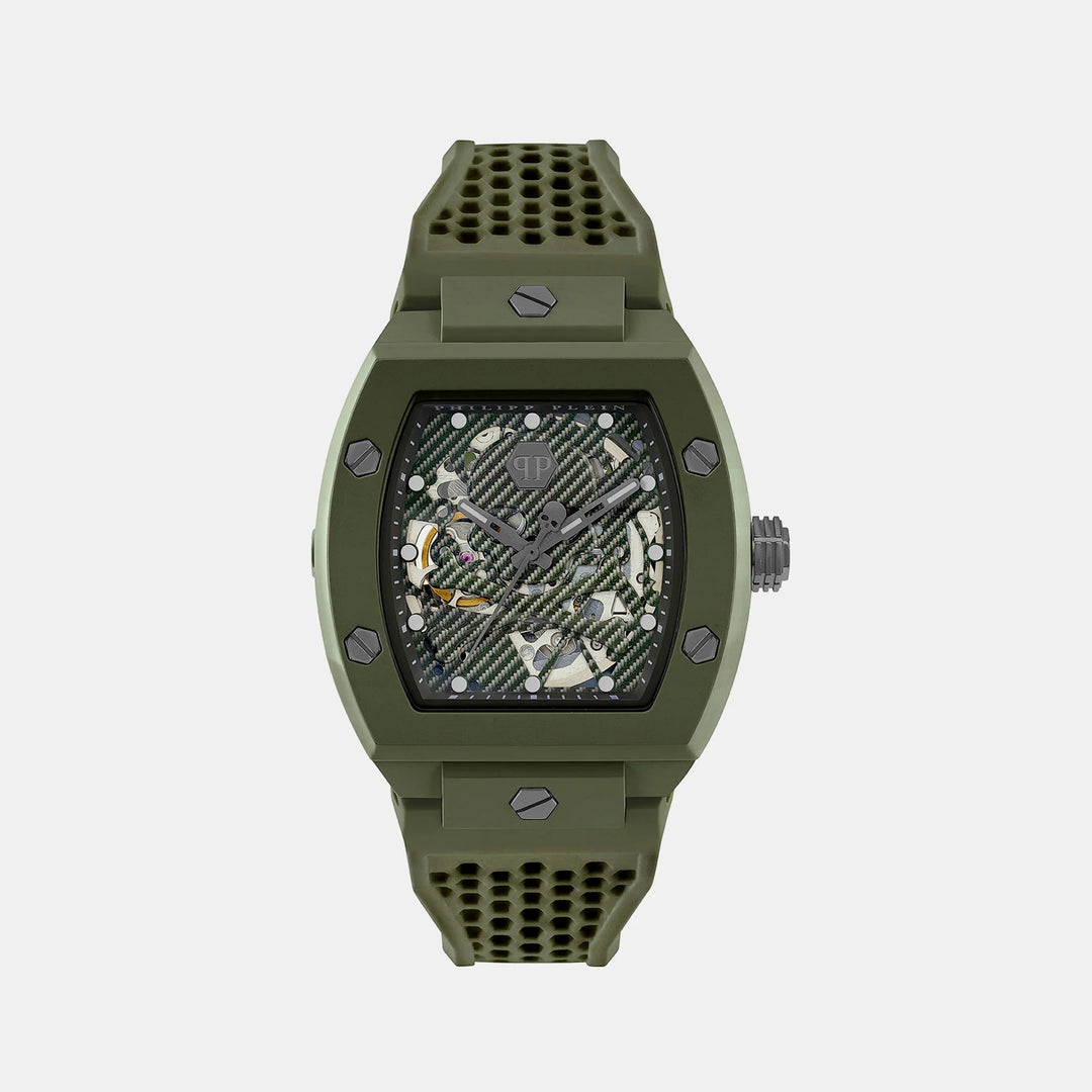 Philipp Plein The $keleton Ecoceramic Men 44mm Automatic Military Green Dial Green Silicone Strap Watch PWVBA0223