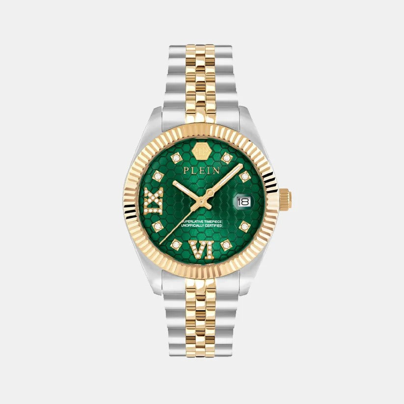Philipp Plein Date Superlative Women 34mm Quartz Green Dial Two-Tone Stainless Steel Bracelet Watch PWYFA0225