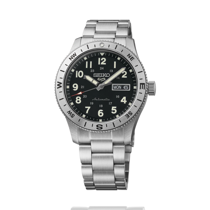 SEIKO 5 SPORTS FIELD WATCH AUTOMATIC – 41MM BLACK DIAL COMPASS BEZEL STEEL BRACELET