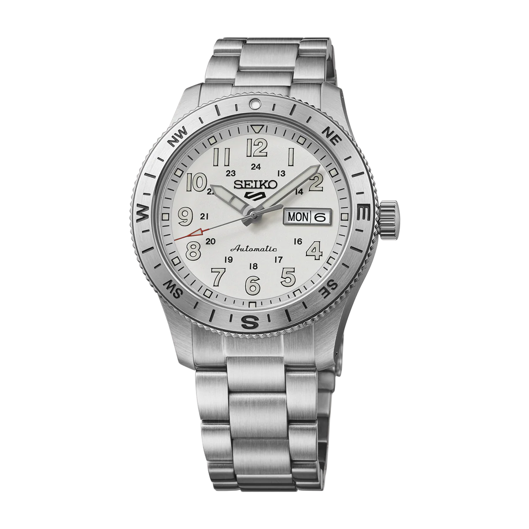 SEIKO 5 SPORTS FIELD WATCH AUTOMATIC – 41MM SILVER GREY DIAL COMPASS BEZEL STEEL BRACELET