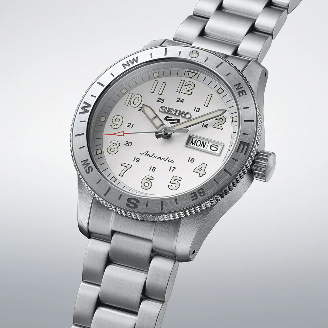 SEIKO 5 SPORTS FIELD WATCH AUTOMATIC – 41MM SILVER GREY DIAL COMPASS BEZEL STEEL BRACELET