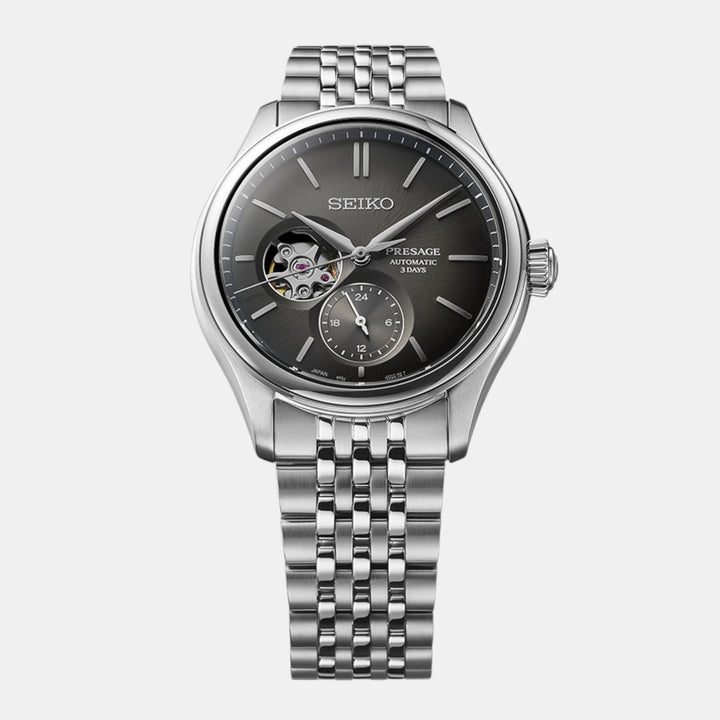 SEIKO PRESAGE CLASSIC SERIES SUMI-IRO OPEN HEART AUTOMATIC WATCH – 40.2MM BLACK DIAL STEEL BRACELET