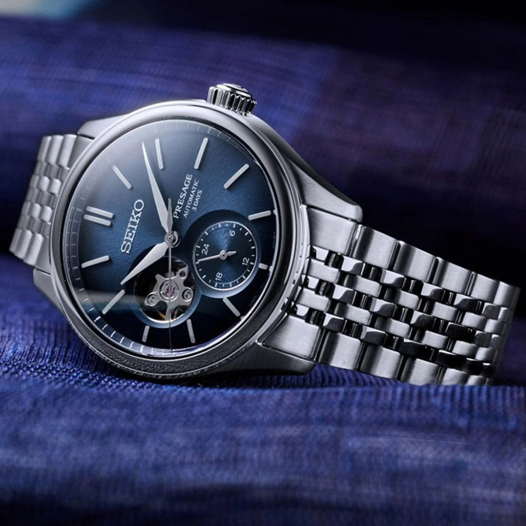 SEIKO PRESAGE CLASSIC SERIES AI-IRO OPEN HEART AUTOMATIC WATCH – 40.2MM INDIGO BLUE DIAL STEEL BRACELET