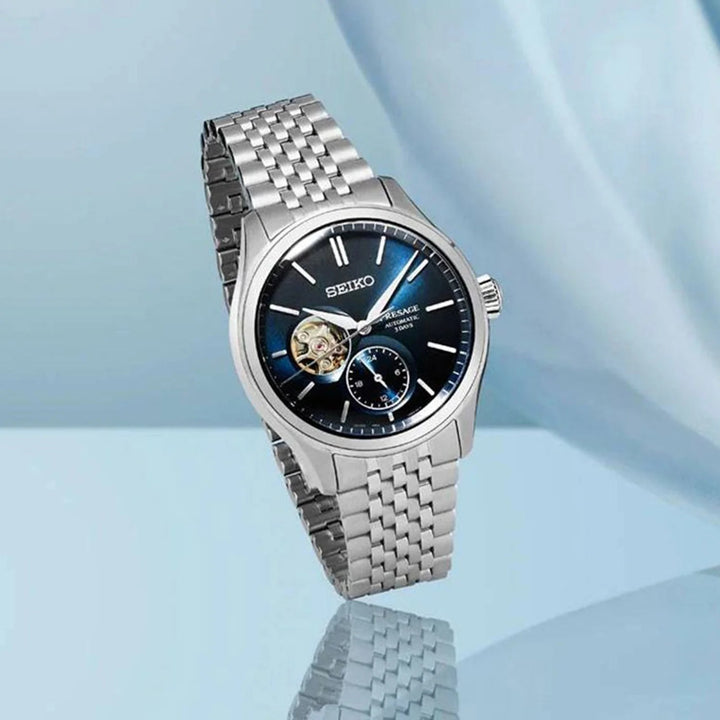 SEIKO PRESAGE CLASSIC SERIES AI-IRO OPEN HEART AUTOMATIC WATCH – 40.2MM INDIGO BLUE DIAL STEEL BRACELET