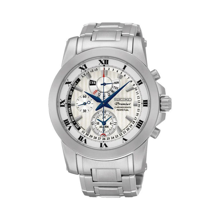 SEIKO PREMIER CHRONOGRAPH PERPETUAL CALENDAR QUARTZ WATCH – 42MM WHITE DIAL STEEL BRACELET