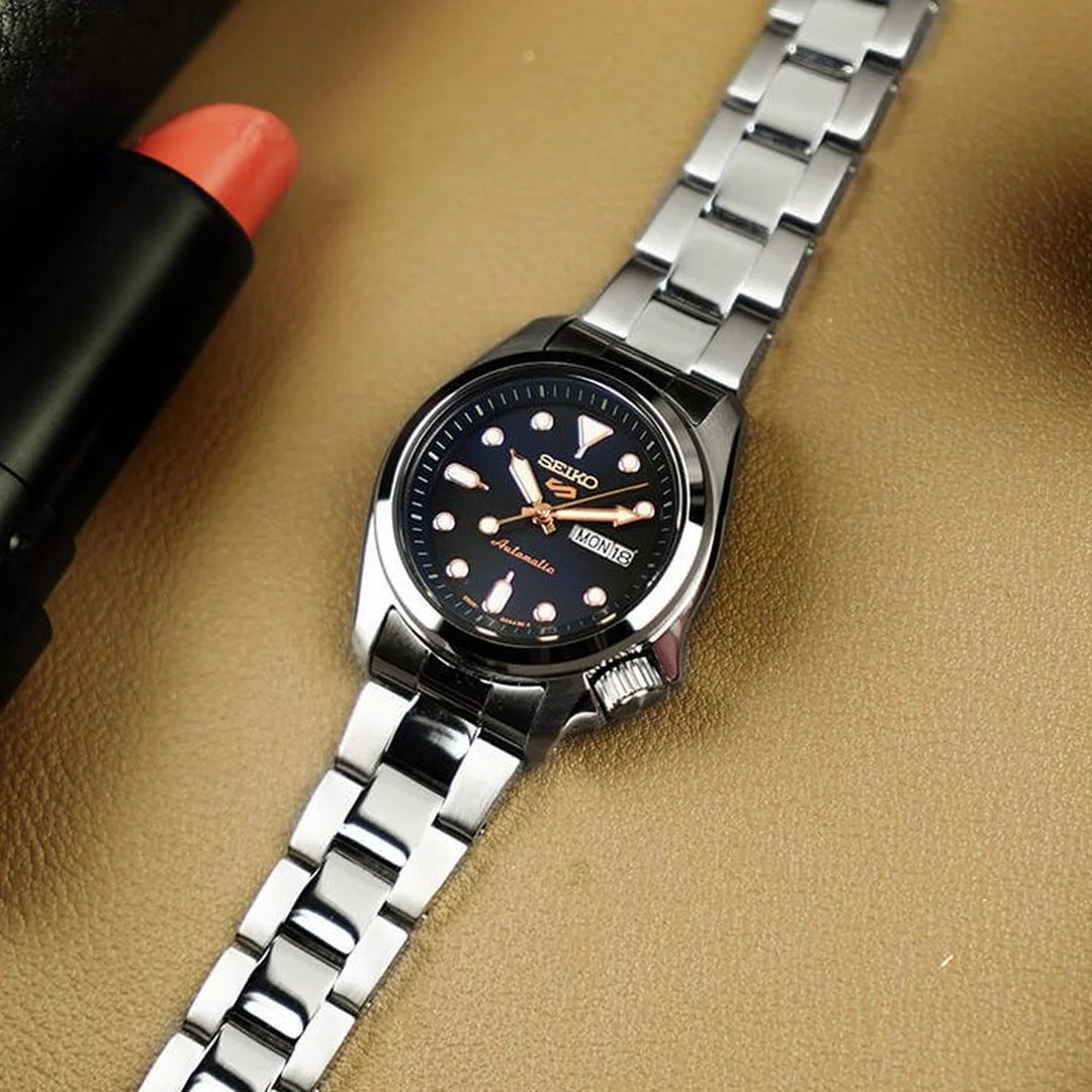 SEIKO 5 SPORTS COMPACT AUTOMATIC LADIES WATCH – 28MM BLUE DIAL STEEL BRACELET