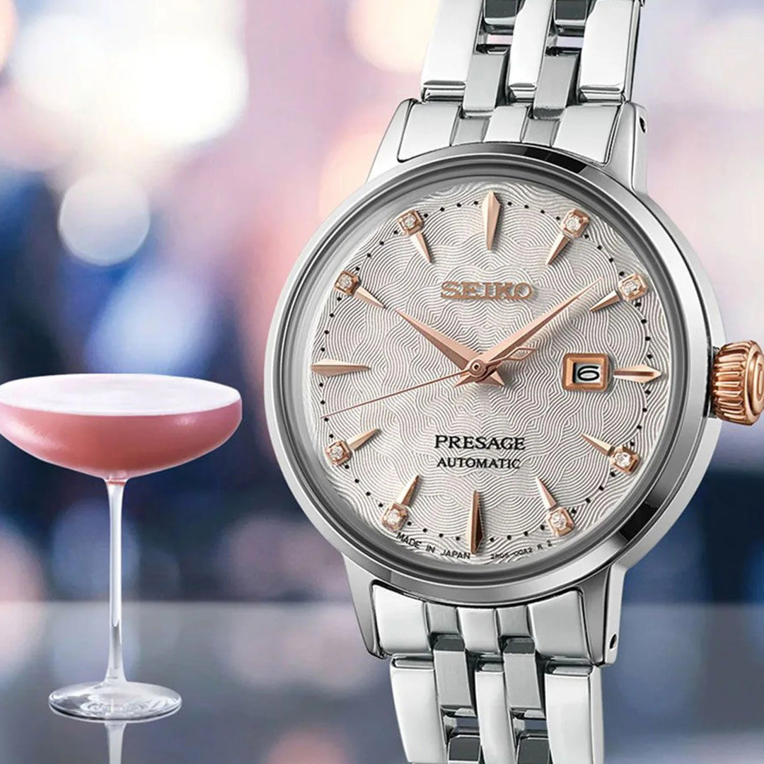 SEIKO PRESAGE COCKTAIL TIME CLOVER CLUB DIAMOND TWIST AUTOMATIC LADIES WATCH – 34MM MOTHER OF PEARL DIAL GOLD-TONE BRACELET