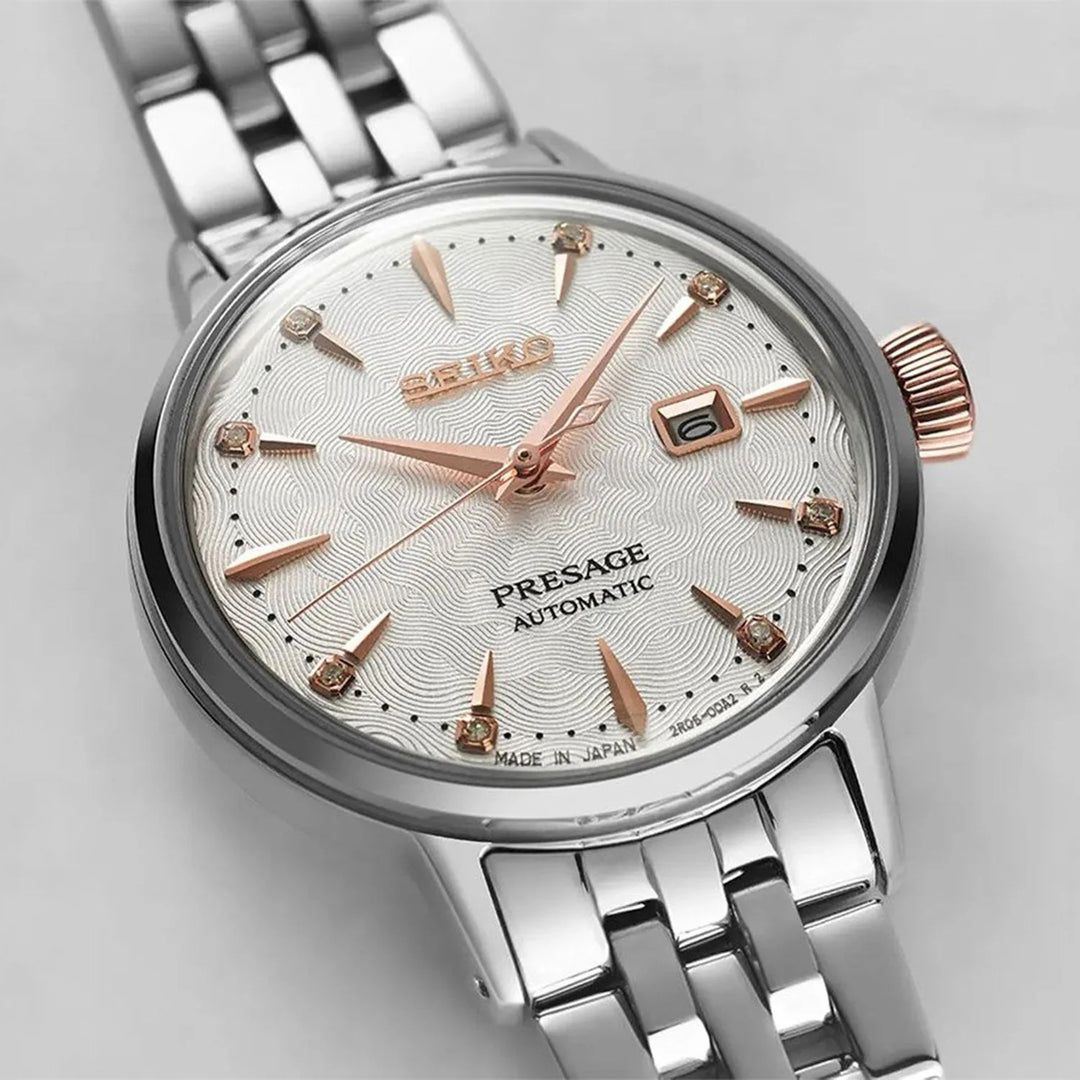 SEIKO PRESAGE COCKTAIL TIME CLOVER CLUB DIAMOND TWIST AUTOMATIC LADIES WATCH – 34MM MOTHER OF PEARL DIAL GOLD-TONE BRACELET