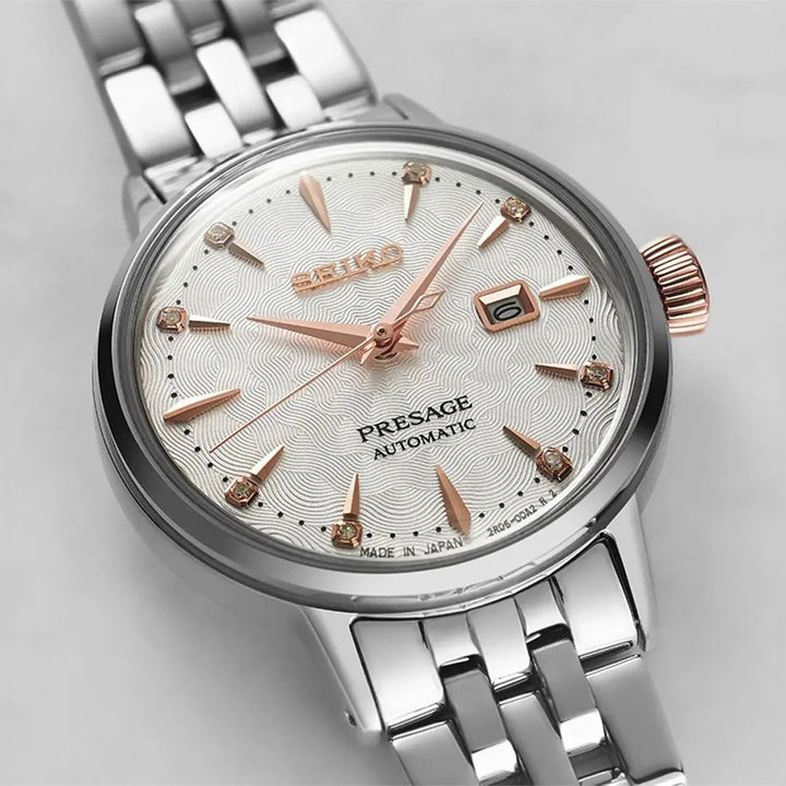 SEIKO PRESAGE COCKTAIL TIME CLOVER CLUB DIAMOND TWIST AUTOMATIC LADIES WATCH – 34MM MOTHER OF PEARL DIAL GOLD-TONE BRACELET