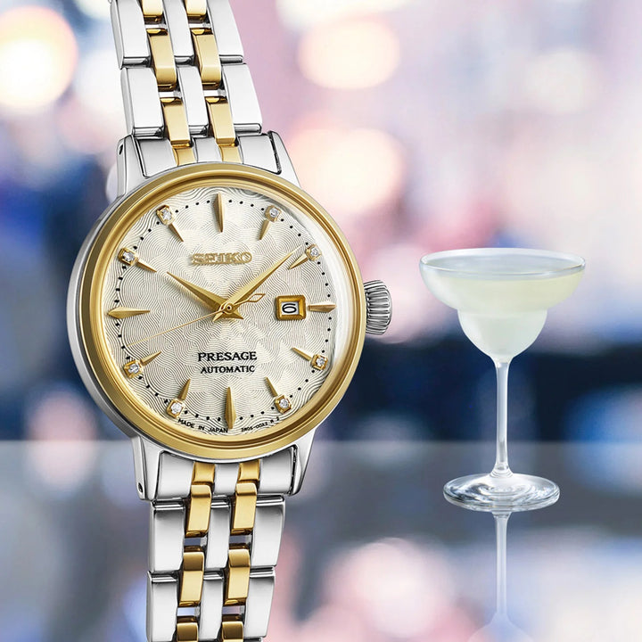 SEIKO PRESAGE COCKTAIL TIME WHITE LADY DIAMOND TWIST AUTOMATIC LADIES WATCH – 30.3MM CHAMPAGNE DIAL GOLD-TONE BRACELET