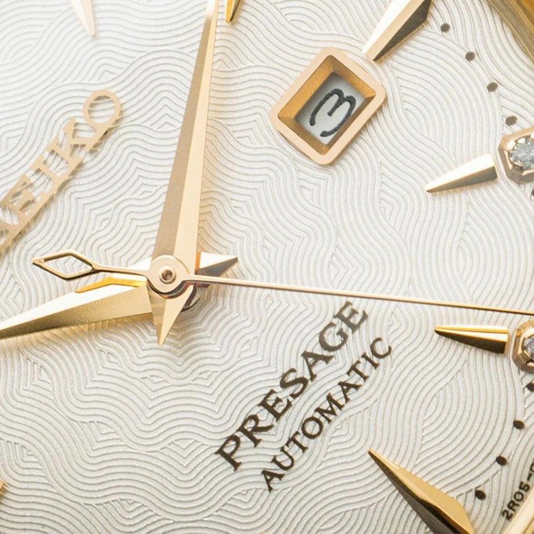 SEIKO PRESAGE COCKTAIL TIME WHITE LADY DIAMOND TWIST AUTOMATIC LADIES WATCH – 30.3MM CHAMPAGNE DIAL GOLD-TONE BRACELET