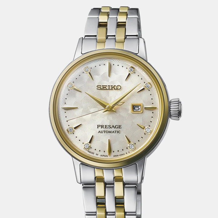 SEIKO PRESAGE COCKTAIL TIME WHITE LADY DIAMOND TWIST AUTOMATIC LADIES WATCH – 30.3MM CHAMPAGNE DIAL GOLD-TONE BRACELET