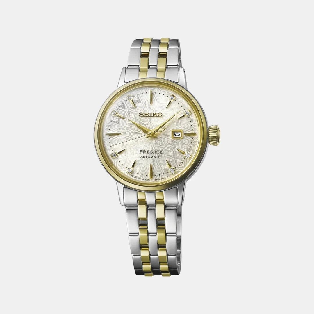 SEIKO PRESAGE COCKTAIL TIME WHITE LADY DIAMOND TWIST AUTOMATIC LADIES WATCH – 30.3MM CHAMPAGNE DIAL GOLD-TONE BRACELET