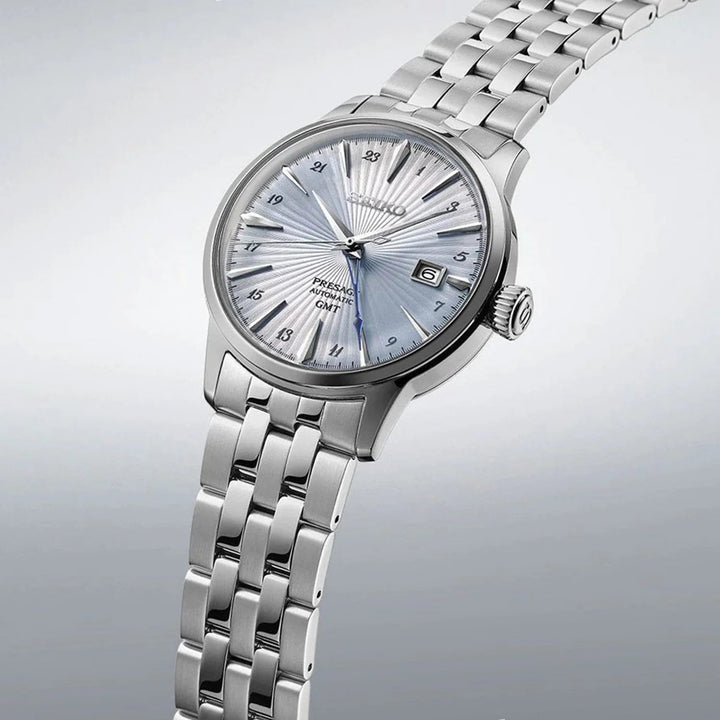 SEIKO PRESAGE AUTOMATIC WATCH LIGHT BLUE – 40.5MM SUNBURST DIAL STEEL BRACELET