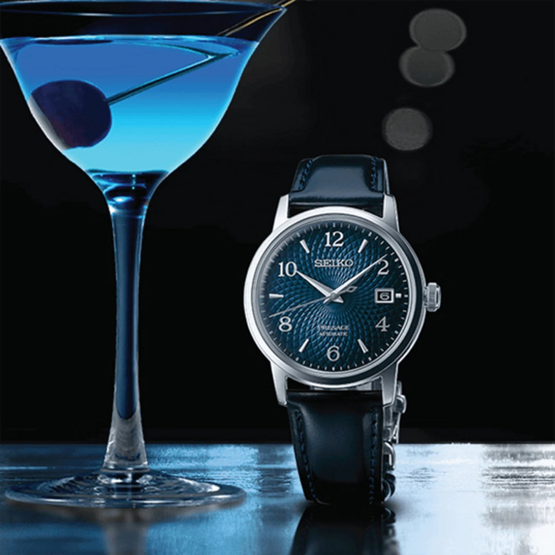SEIKO PRESAGE COCKTAIL TIME MANHATTAN AUTOMATIC WATCH – 38.5MM NAVY BLUE DIAL BLACK LEATHER STRAP