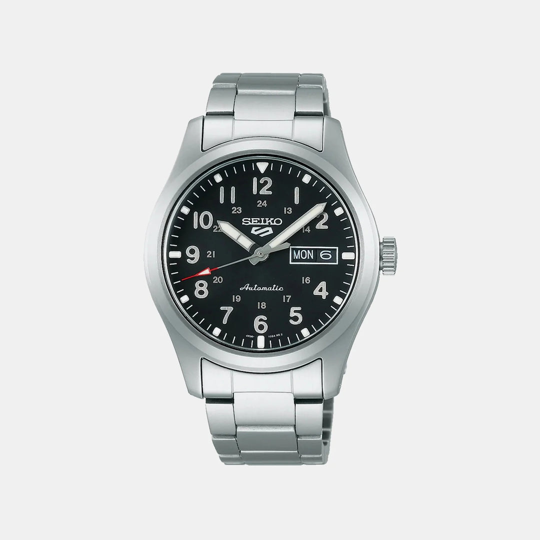 SEIKO 5 SPORTS FIELD AUTOMATIC WATCH – 39.4MM BLACK ARABIC DIAL STEEL BRACELET
