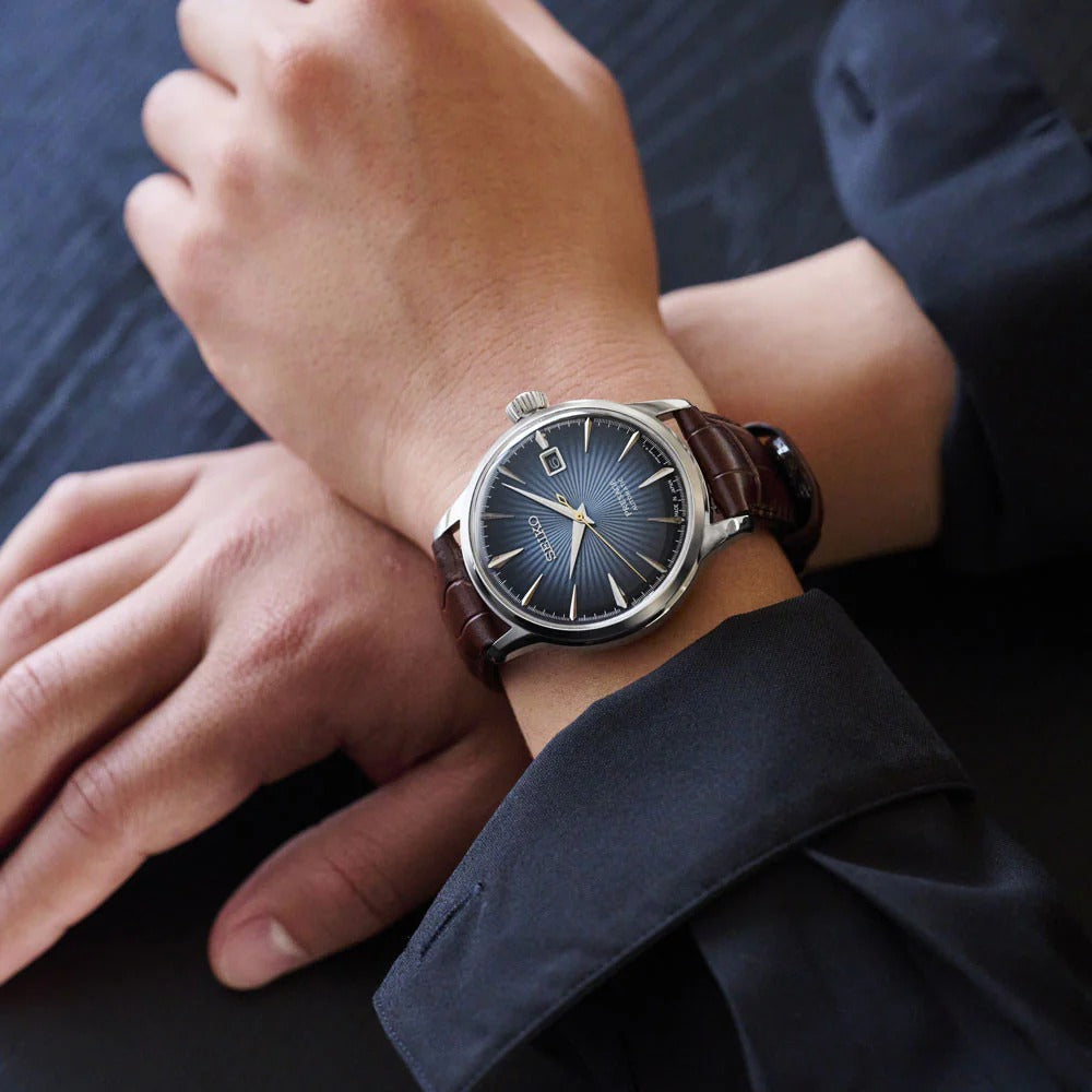 SEIKO PRESAGE COCKTAIL TIME MIDNIGHT BLUE MOON AUTOMATIC WATCH – 40.5MM BLUE DIAL LEATHER STRAP