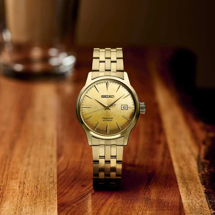 SEIKO PRESAGE COCKTAIL TIME BEER JULEP AUTOMATIC WATCH – 40.5MM GOLD AMBER DIAL GOLD-TONE STEEL BRACELET
