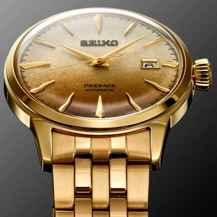 SEIKO PRESAGE COCKTAIL TIME BEER JULEP AUTOMATIC WATCH – 40.5MM GOLD AMBER DIAL GOLD-TONE STEEL BRACELET