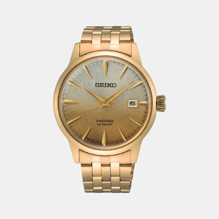 SEIKO PRESAGE COCKTAIL TIME BEER JULEP AUTOMATIC WATCH – 40.5MM GOLD AMBER DIAL GOLD-TONE STEEL BRACELET