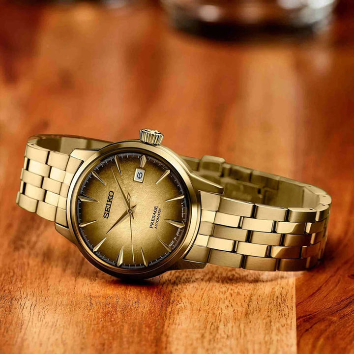 SEIKO PRESAGE COCKTAIL TIME HALF AND HALF AUTOMATIC WATCH – 40.5MM GOLD TWO-TONE DIAL GOLD-TONE STEEL BRACELET