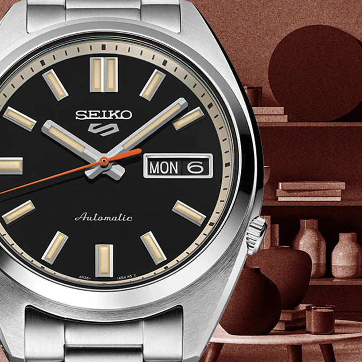 SEIKO 5 SPORTS SNXS COMPACT AUTOMATIC WATCH – 37.4MM BLACK DIAL STEEL BRACELET