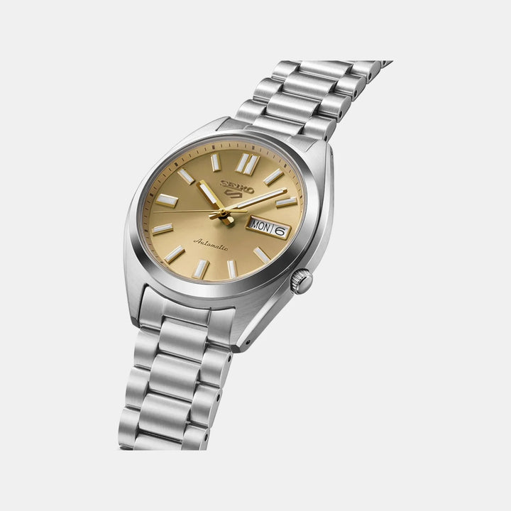 SEIKO 5 SPORTS SNXS VINTAGE GOLD AUTOMATIC WATCH – 37.4MM GOLD DIAL STEEL BRACELET