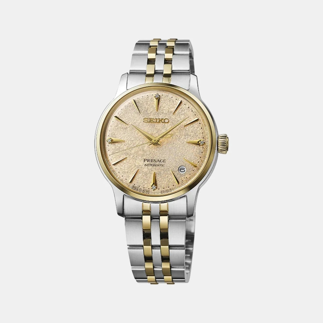 SEIKO PRESAGE COCKTAIL TIME FROZEN DAIQUIRI AUTOMATIC LADIES WATCH – 34MM YELLOW GOLD DIAMOND DIAL STEEL BRACELET