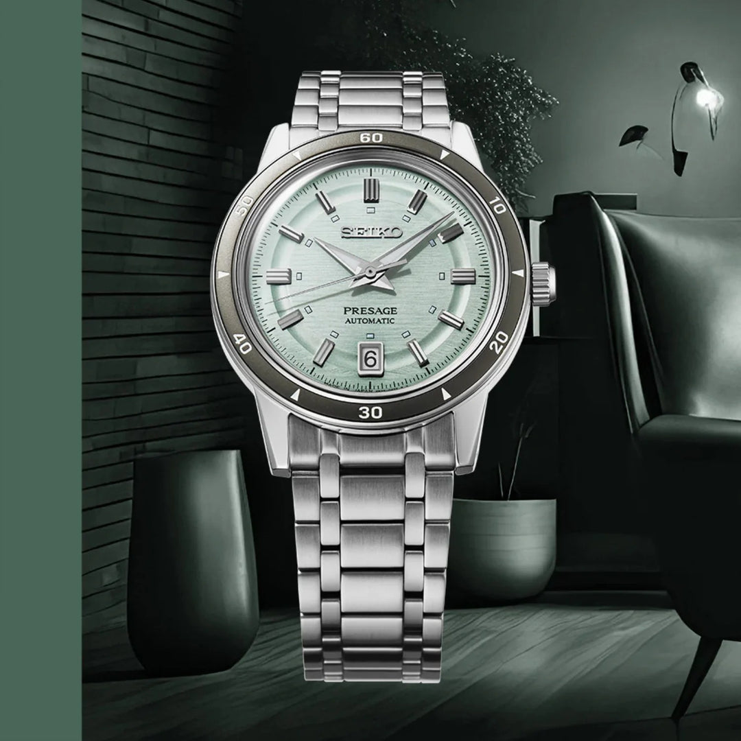 SEIKO PRESAGE STYLE 60S AUTOMATIC WATCH – 39.5MM ICE GREEN DIAL DAUPHINE HANDS STEEL BRACELET