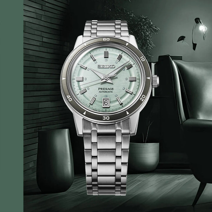SEIKO PRESAGE STYLE 60S AUTOMATIC WATCH – 39.5MM ICE GREEN DIAL DAUPHINE HANDS STEEL BRACELET