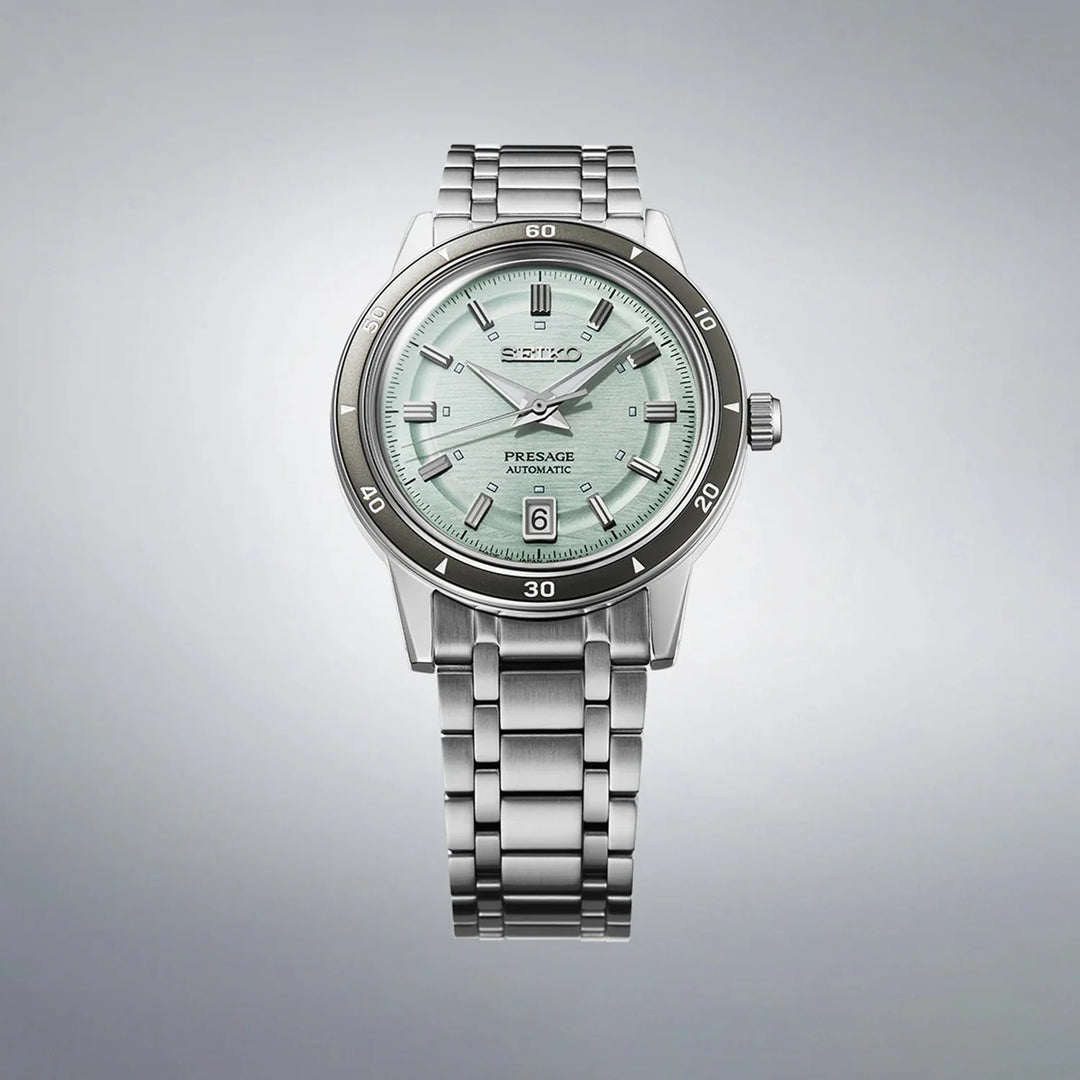 SEIKO PRESAGE STYLE 60S AUTOMATIC WATCH – 39.5MM ICE GREEN DIAL DAUPHINE HANDS STEEL BRACELET