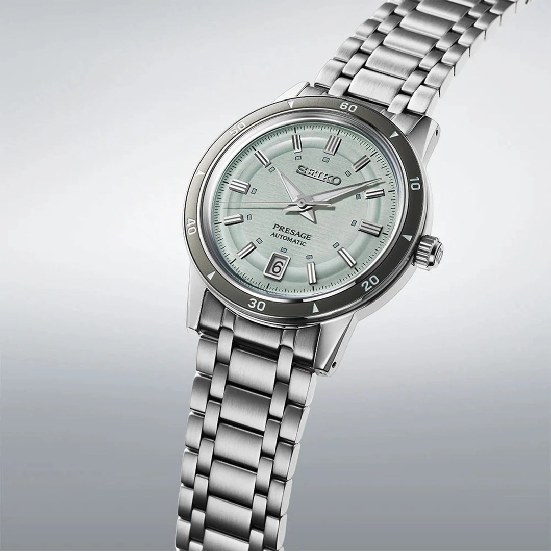 SEIKO PRESAGE STYLE 60S AUTOMATIC WATCH – 39.5MM ICE GREEN DIAL DAUPHINE HANDS STEEL BRACELET