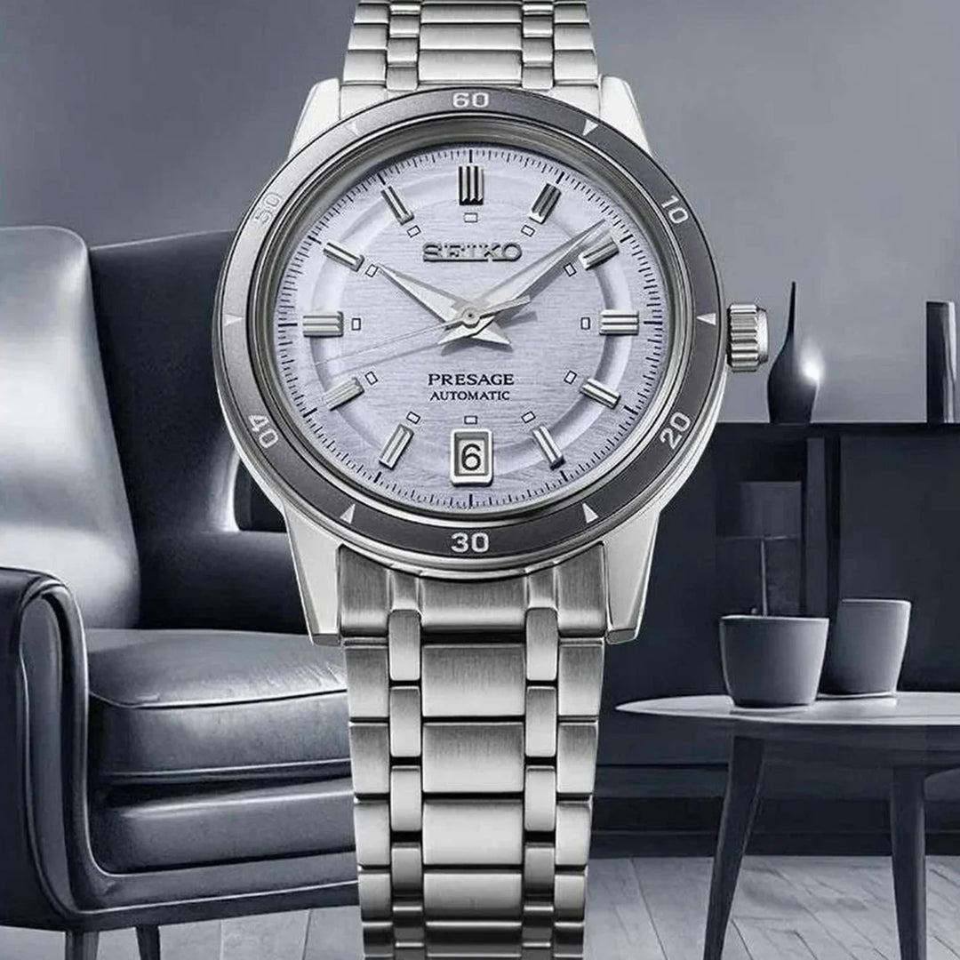 SEIKO PRESAGE STYLE 60S AUTOMATIC WATCH – 39.5MM SILVERY VIOLET DIAL DAUPHINE HANDS STEEL BRACELET