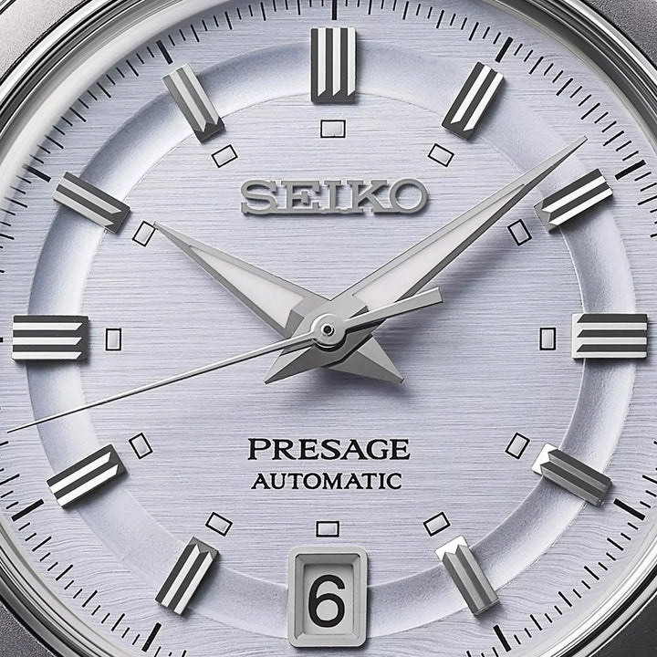 SEIKO PRESAGE STYLE 60S AUTOMATIC WATCH – 39.5MM SILVERY VIOLET DIAL DAUPHINE HANDS STEEL BRACELET