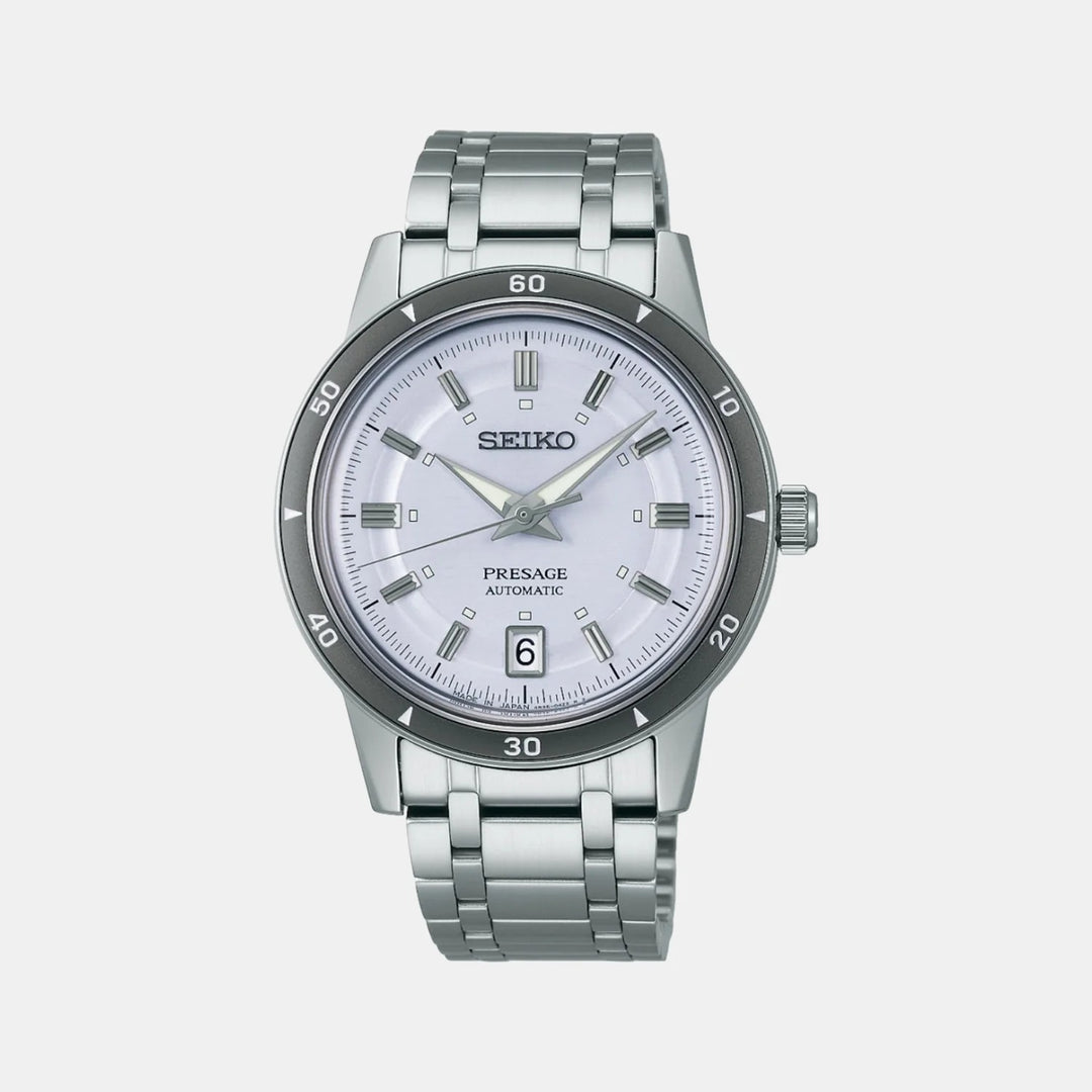 SEIKO PRESAGE STYLE 60S AUTOMATIC WATCH – 39.5MM SILVERY VIOLET DIAL DAUPHINE HANDS STEEL BRACELET