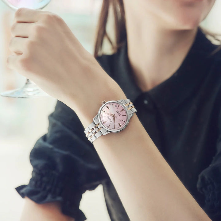 SEIKO PRESAGE COCKTAIL TIME SAKURA AVIATION LIMITED EDITION AUTOMATIC LADIES WATCH – 34MM PINK MOTHER-OF-PEARL DIAL STEEL BRACELET