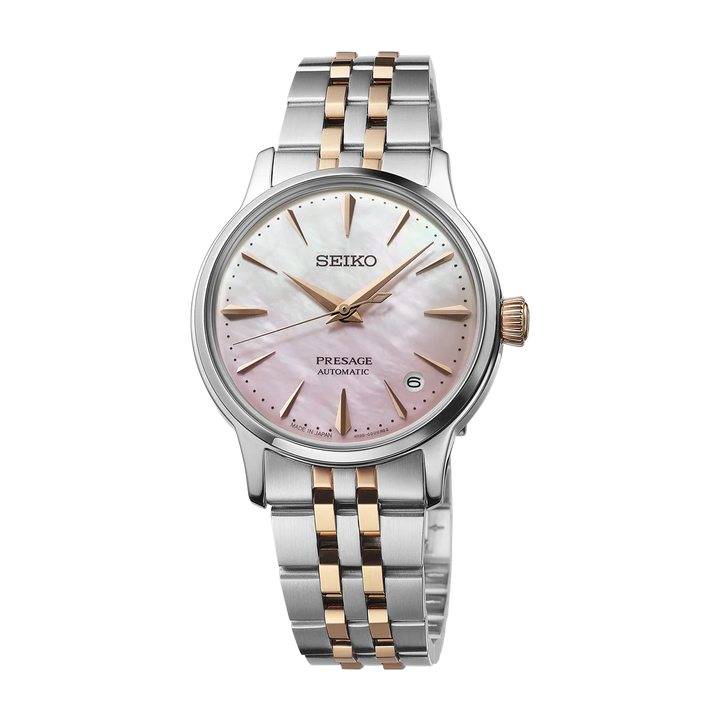 SEIKO PRESAGE COCKTAIL TIME SAKURA AVIATION LIMITED EDITION AUTOMATIC LADIES WATCH – 34MM PINK MOTHER-OF-PEARL DIAL STEEL BRACELET