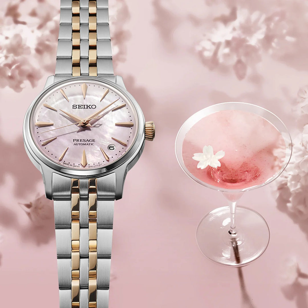 SEIKO PRESAGE COCKTAIL TIME SAKURA AVIATION LIMITED EDITION AUTOMATIC LADIES WATCH – 34MM PINK MOTHER-OF-PEARL DIAL STEEL BRACELET