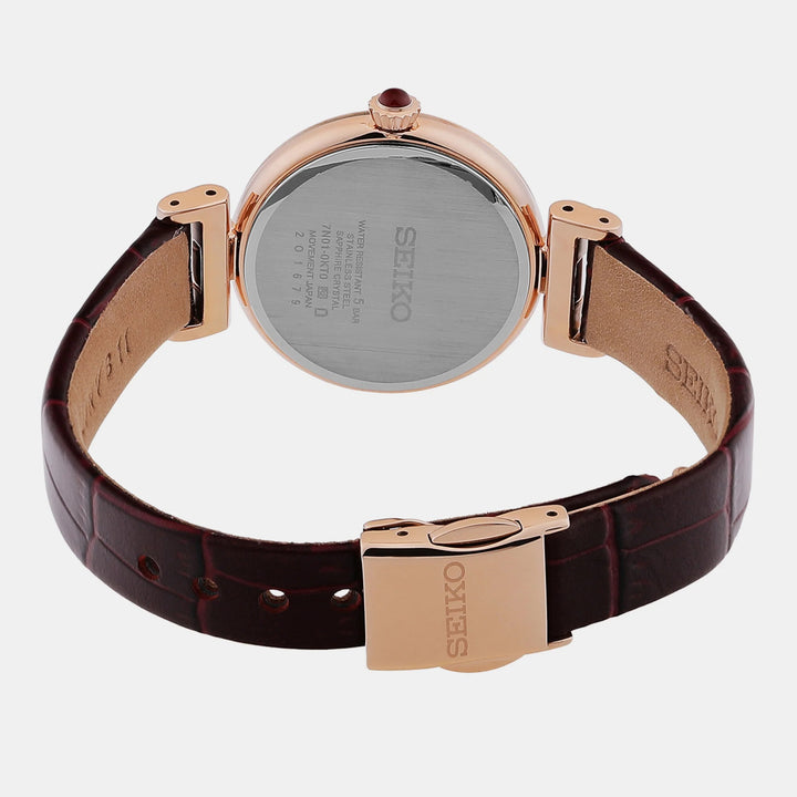 SEIKO LADIES DRESS QUARTZ WATCH – 30MM BEIGE ROSE GOLD GUILLOCHE DIAMOND DIAL SAPPHIRE CRYSTAL LEATHER STRAP
