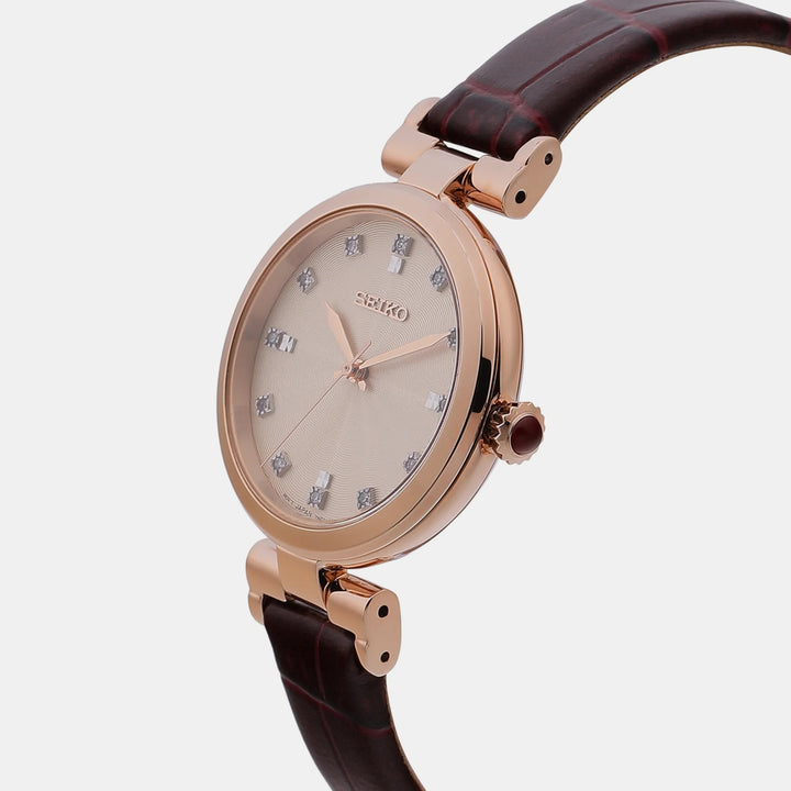 SEIKO LADIES DRESS QUARTZ WATCH – 30MM BEIGE ROSE GOLD GUILLOCHE DIAMOND DIAL SAPPHIRE CRYSTAL LEATHER STRAP