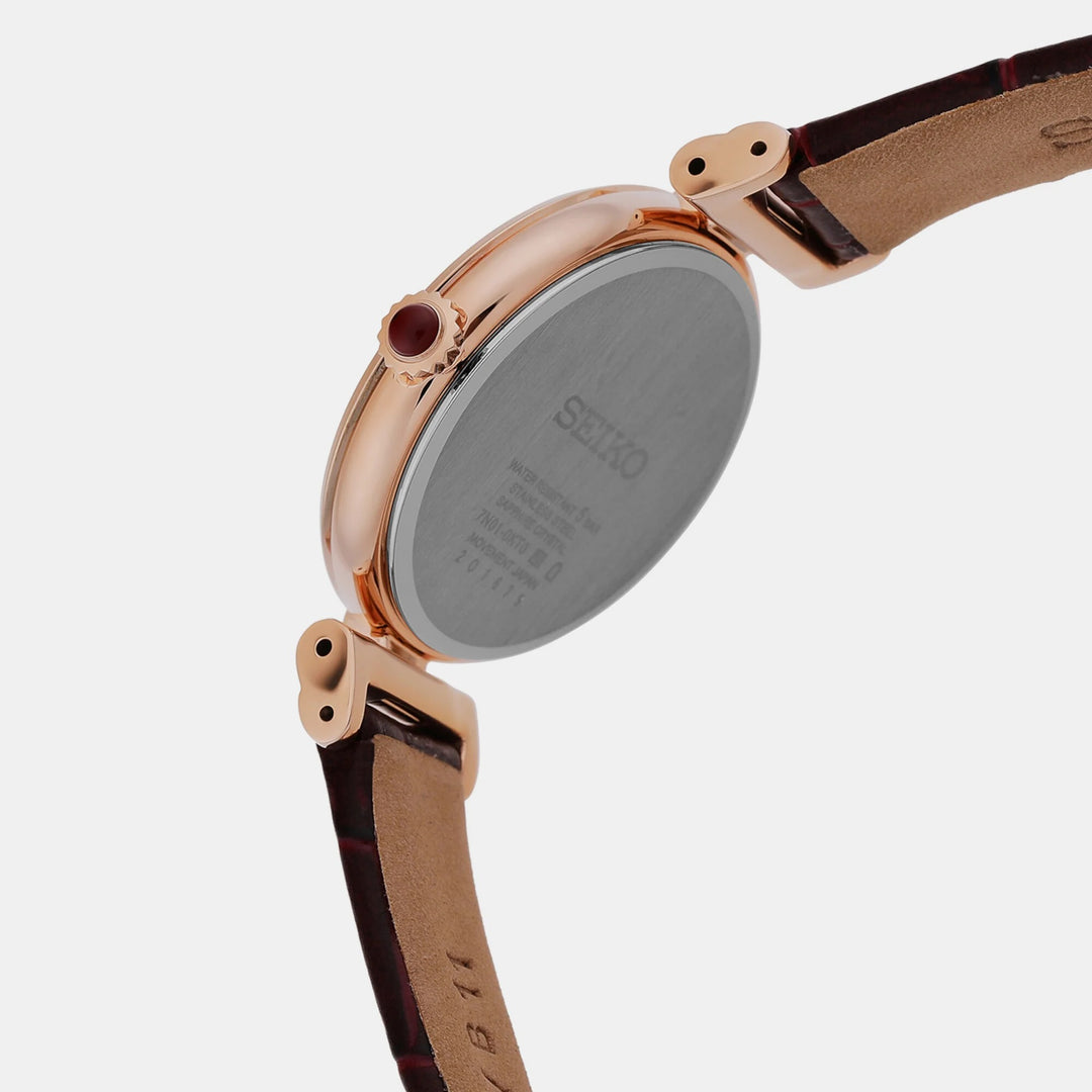 SEIKO LADIES DRESS QUARTZ WATCH – 30MM BEIGE ROSE GOLD GUILLOCHE DIAMOND DIAL SAPPHIRE CRYSTAL LEATHER STRAP