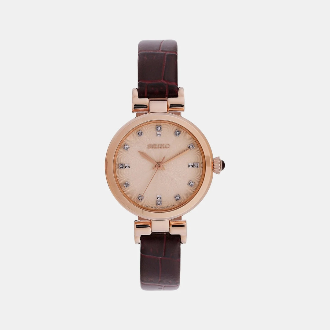 SEIKO LADIES DRESS QUARTZ WATCH – 30MM BEIGE ROSE GOLD GUILLOCHE DIAMOND DIAL SAPPHIRE CRYSTAL LEATHER STRAP
